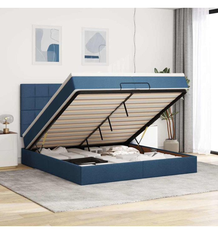  Cadre de lit ottoman avec matelas bleu 200x200cm tissu | Mobilier & Déco
