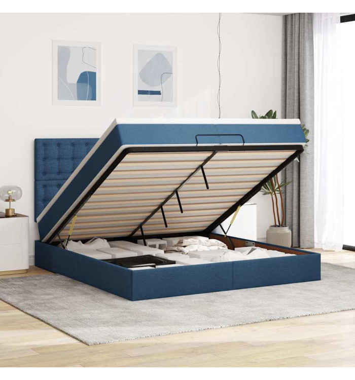  Cadre de lit ottoman avec matelas bleu 200x200cm tissu | Mobilier & Déco