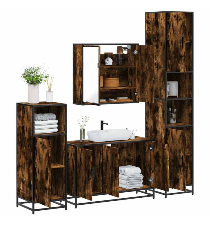 Ensemble meubles salle de bain 4 pcs chêne fumé bois ingénierie | Mobilier & Déco