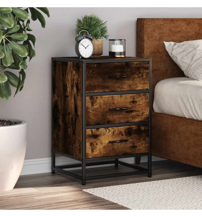 Table de chevet chêne fumé 40x34,5x60cm bois d'ingénierie métal | Mobilier & Déco