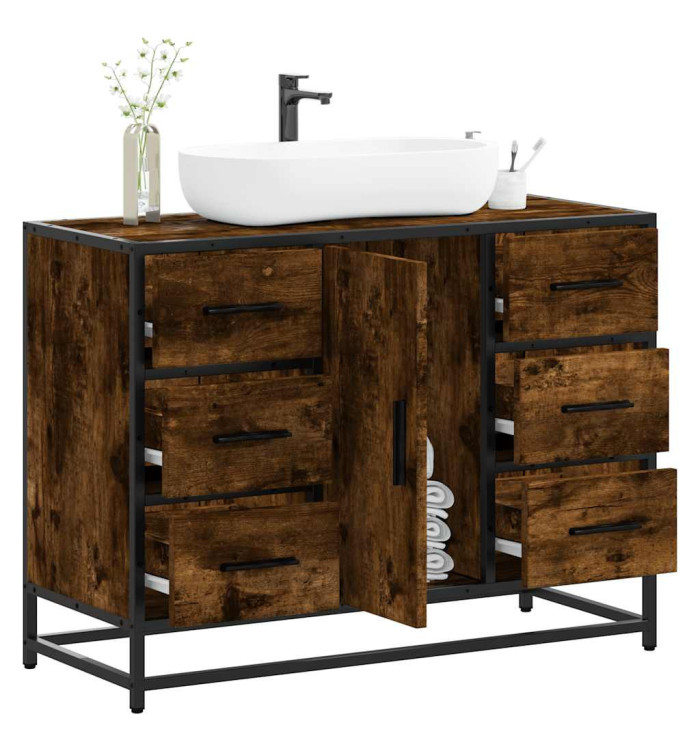 Armoire lavabo de salle de bain chêne fumé bois d'ingénierie | Mobilier & Déco