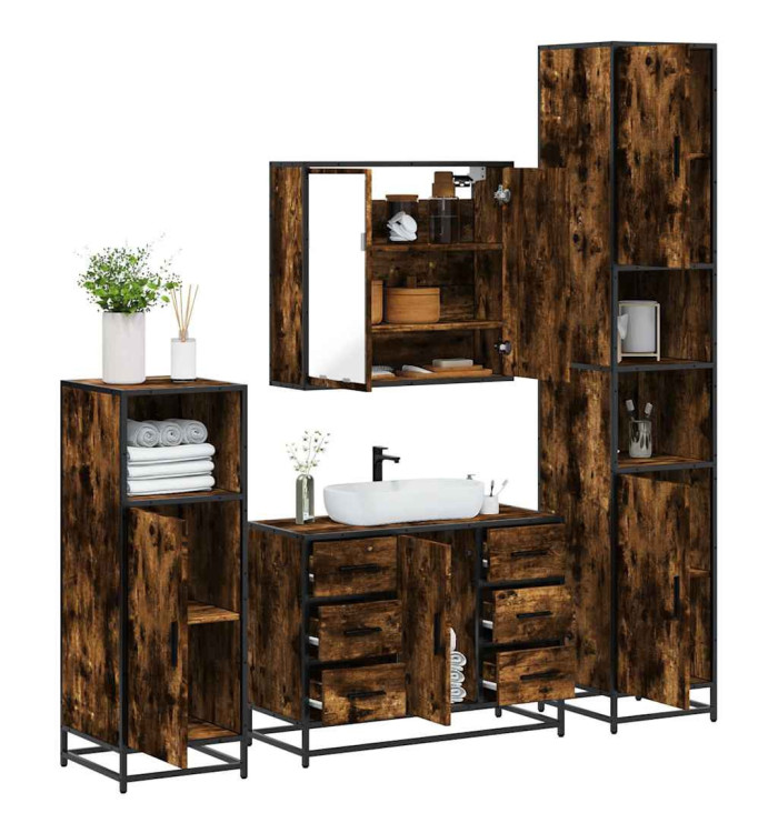 Ensemble meubles salle de bain 4 pcs chêne fumé bois ingénierie | Mobilier & Déco