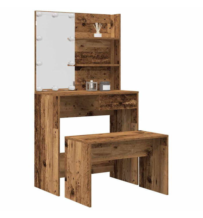 Ensemble de coiffeuse avec LED vieux bois bois d'ingénierie | Mobilier & Déco