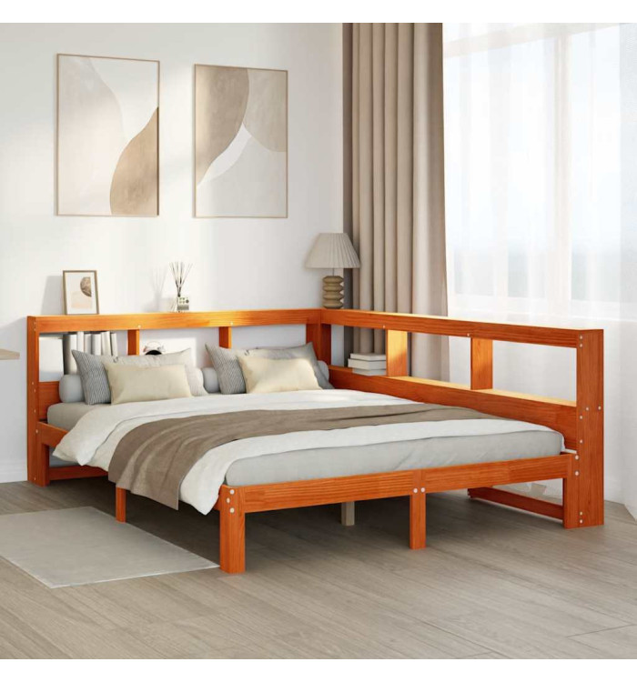 Lit bibliothèque sans matelas cire marron 135x190 cm pin massif | Mobilier & Déco