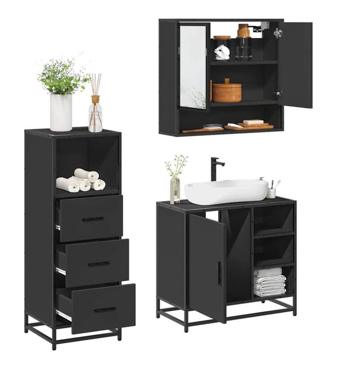 Ensemble de meubles salle de bain 3 pcs noir bois d'ingénierie | Mobilier & Déco