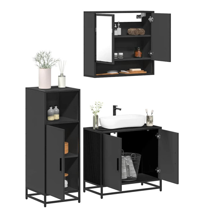 Ensemble de meubles salle de bain 3 pcs noir bois d'ingénierie | Mobilier & Déco