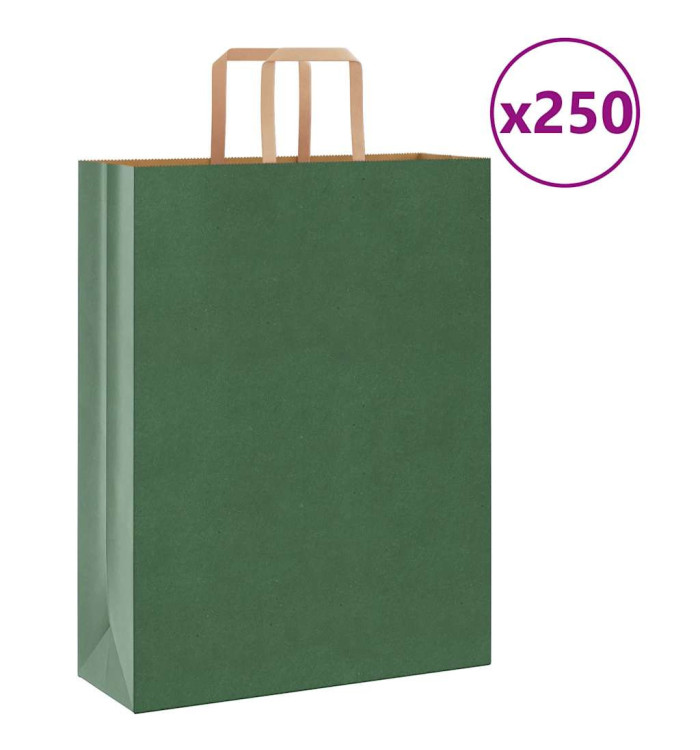 Sacs en papier 250 pcs avec poignées vert 32x12x42 cm | Mobilier & Déco