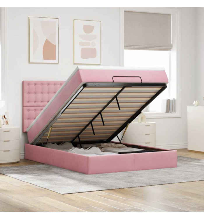 Cadre de lit ottoman avec matelas rose 140x190 cm velours | Mobilier & Déco