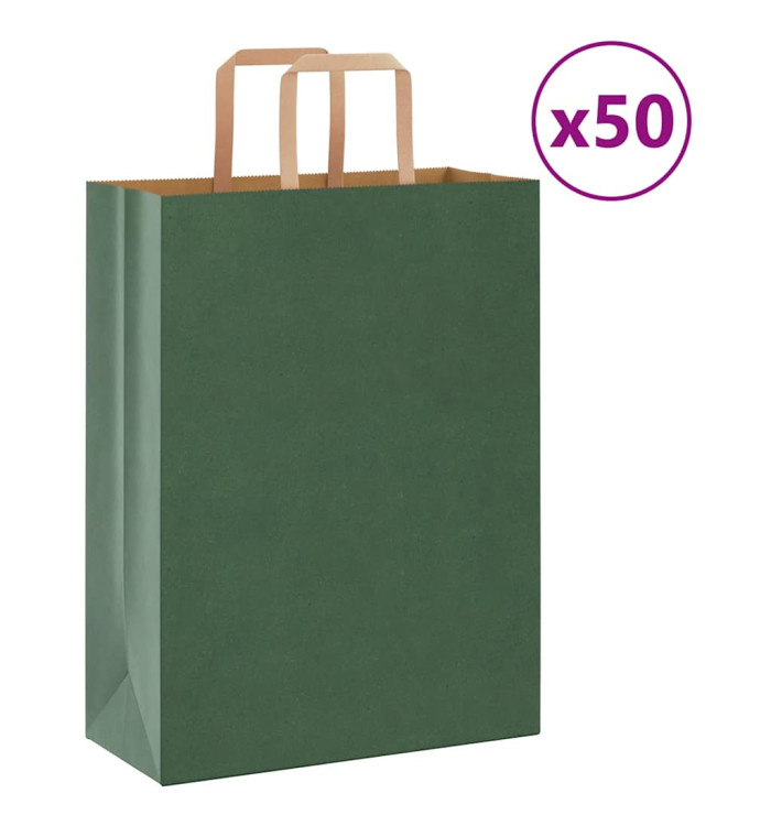 Sacs en papier 50 pcs avec poignées vert 26x12x35 cm | Mobilier & Déco