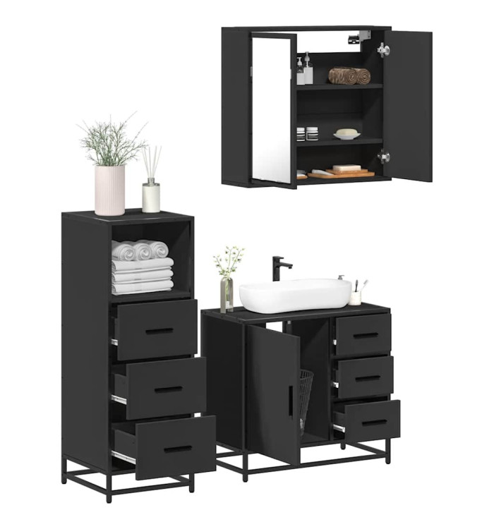 Ensemble de meubles salle de bain 3 pcs noir bois d'ingénierie | Mobilier & Déco