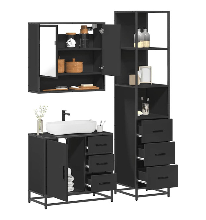 Ensemble de meubles salle de bain 3 pcs noir bois d'ingénierie | Mobilier & Déco