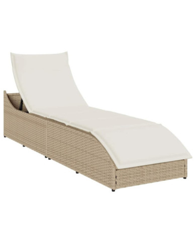  Chaise longue pliante coussin et rangement beige résine tressée | Mobilier & Déco