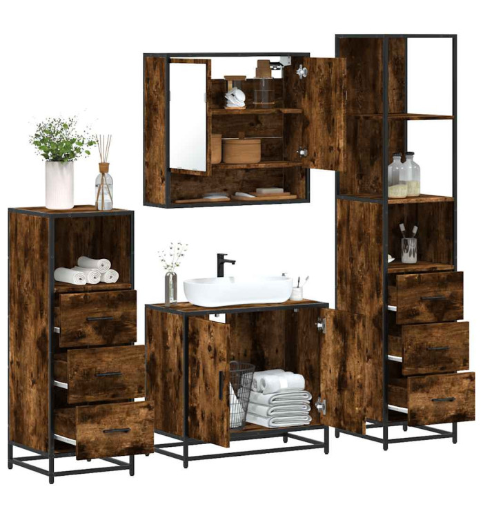 Ensemble meubles salle de bain 4 pcs chêne fumé bois ingénierie | Mobilier & Déco