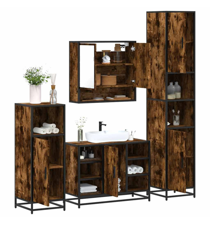 Ensemble meubles salle de bain 4 pcs chêne fumé bois ingénierie | Mobilier & Déco