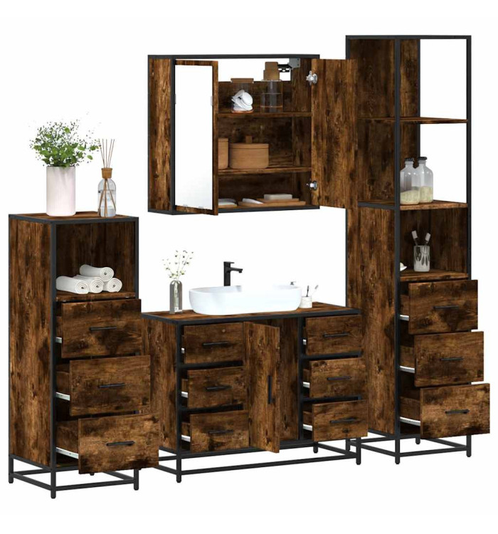 Ensemble meubles salle de bain 4 pcs chêne fumé bois ingénierie | Mobilier & Déco