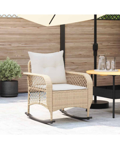 Chaise à bascule de jardin avec coussins beige résine tressée | Mobilier & Déco