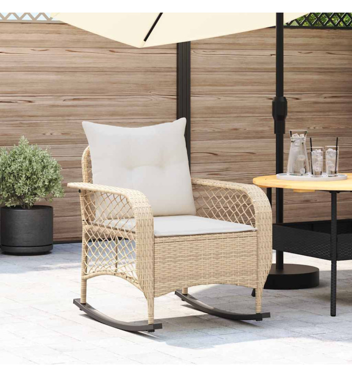 Chaise à bascule de jardin avec coussins beige résine tressée | Mobilier & Déco