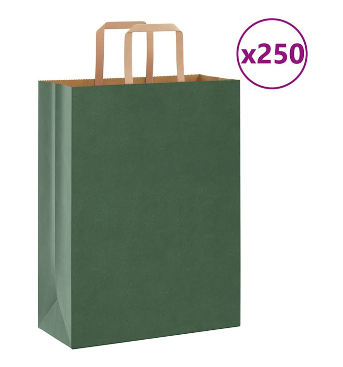 Sacs en papier 250 pcs avec poignées vert 26x12x35 cm | Mobilier & Déco