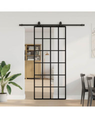 Porte coulissante kit de quincaillerie noir 90x205 cm verre ESG | Mobilier & Déco