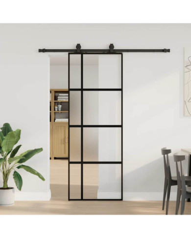 Porte coulissante kit quincaillerie noir 76x205 cm verre trempé | Mobilier & Déco