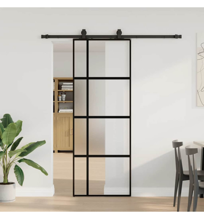 Porte coulissante kit quincaillerie noir 76x205 cm verre trempé | Mobilier & Déco