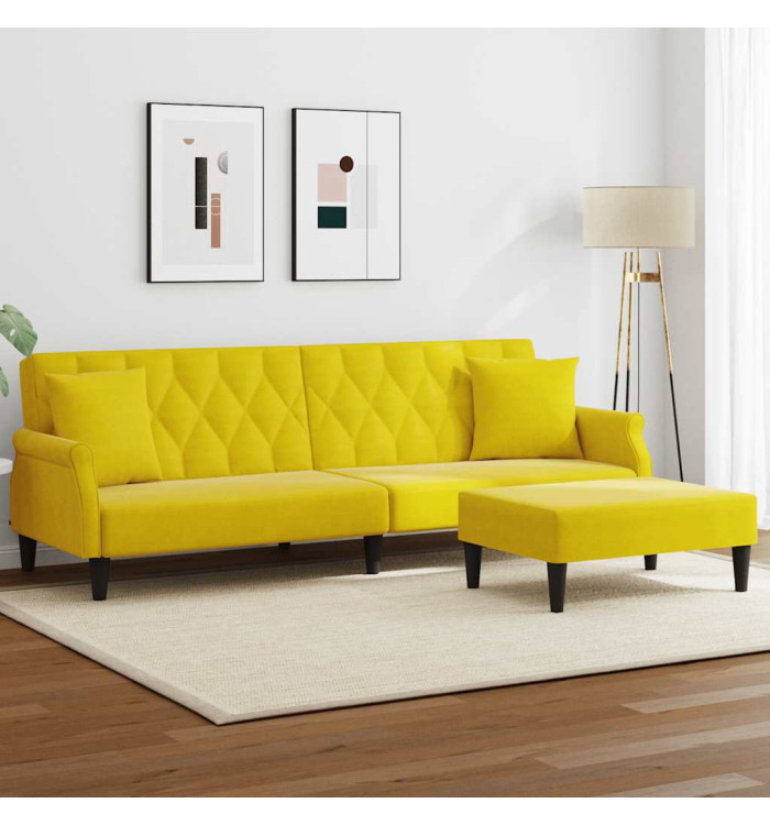 Canapé-lit à 2 places et oreillers et repose-pied jaune velours | Mobilier & Déco