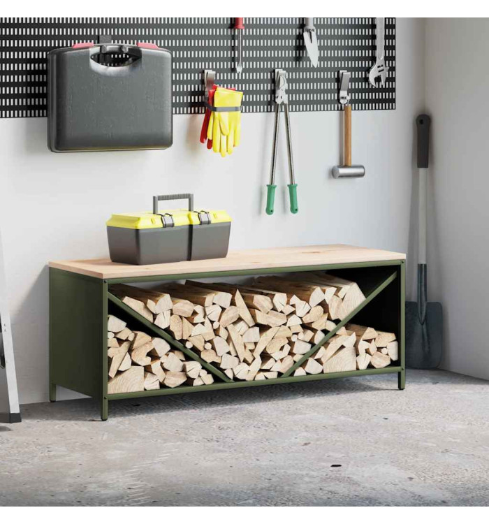 Étagère à bois de chauffage avec plateau en bois vert olive | Mobilier & Déco