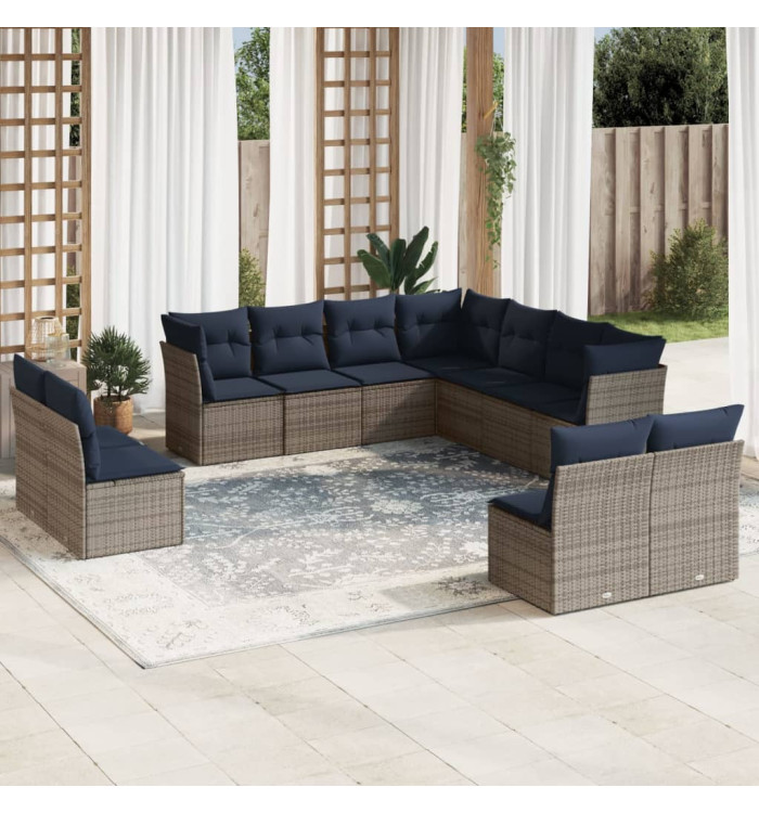 Salon de jardin 11 pcs avec coussins gris résine tressée | Mobilier & Déco