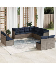 Salon de jardin 11 pcs avec coussins gris résine tressée | Mobilier & Déco