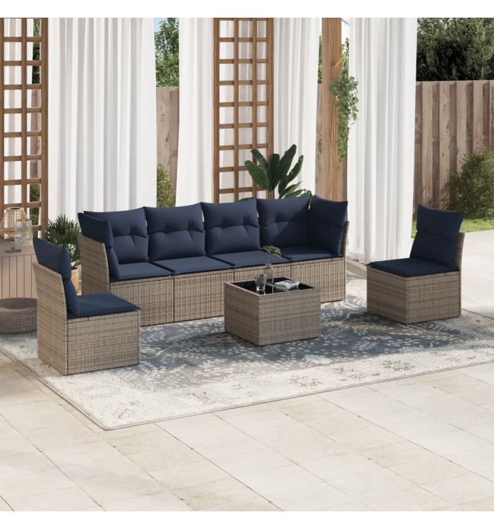 Salon de jardin 7 pcs avec coussins gris résine tressée | Mobilier & Déco