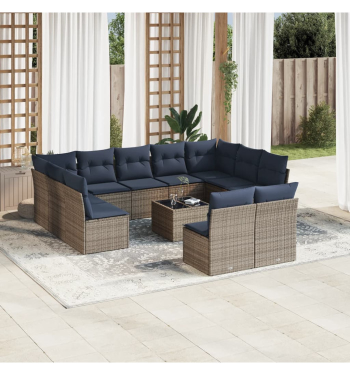 Salon de jardin avec coussins 12 pcs gris résine tressée | Mobilier & Déco