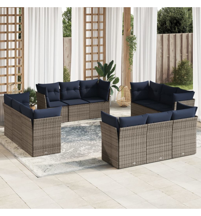 Salon de jardin avec coussins 12 pcs gris résine tressée | Mobilier & Déco
