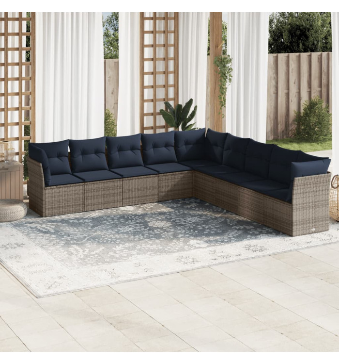 Salon de jardin 9 pcs avec coussins gris résine tressée | Mobilier & Déco