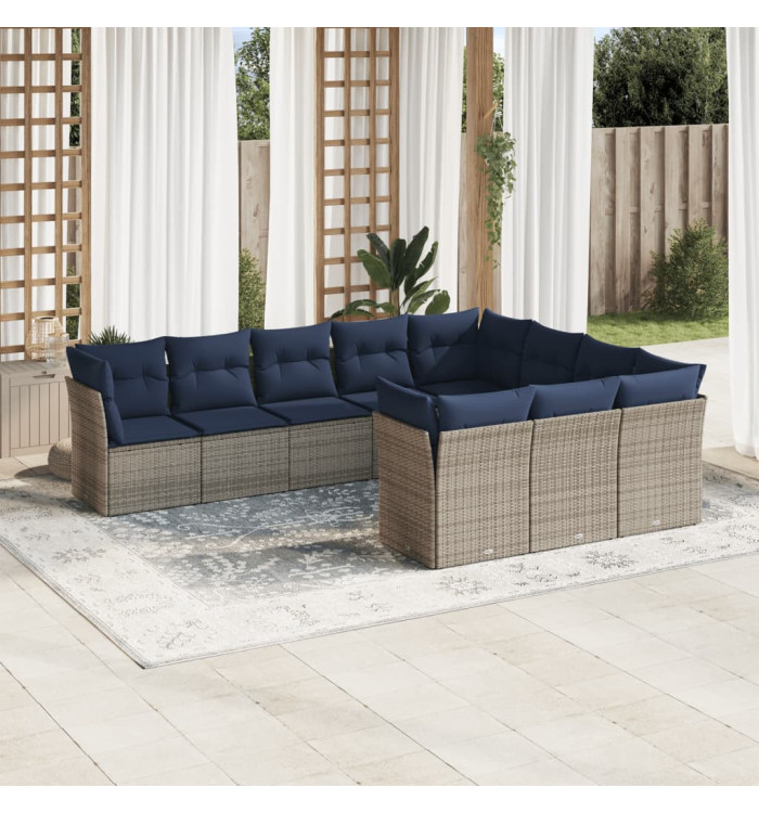 Salon de jardin 10 pcs avec coussins gris résine tressée | Mobilier & Déco