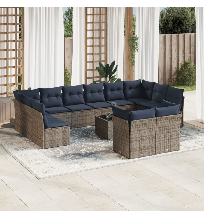 Salon de jardin avec coussins 13 pcs gris résine tressée | Mobilier & Déco