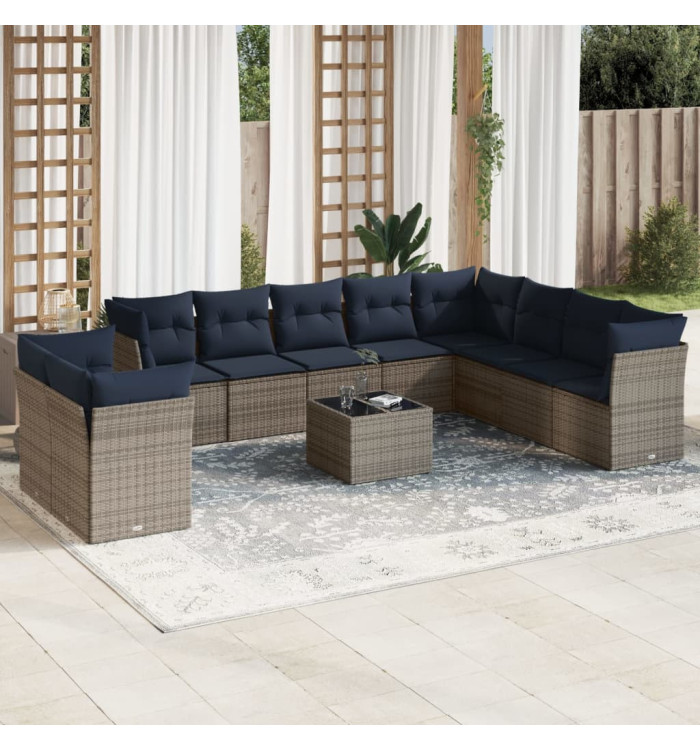 Salon de jardin 11 pcs avec coussins gris résine tressée | Mobilier & Déco