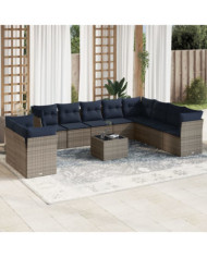 Salon de jardin 11 pcs avec coussins gris résine tressée | Mobilier & Déco