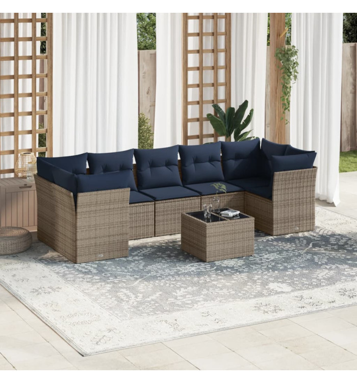 Salon de jardin 8 pcs avec coussins gris résine tressée | Mobilier & Déco