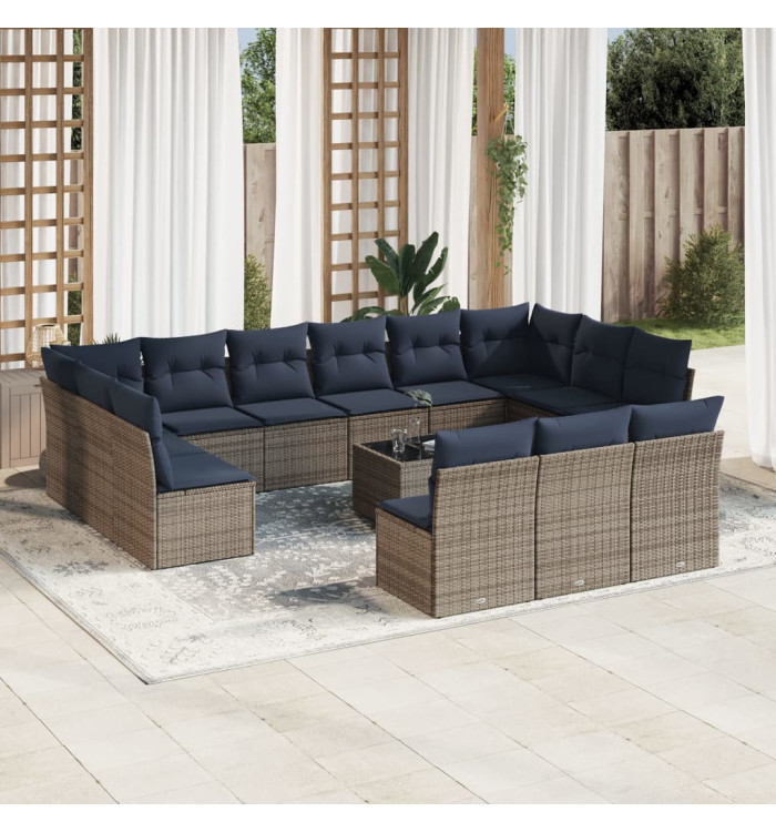Salon de jardin avec coussins 14 pcs gris résine tressée | Mobilier & Déco