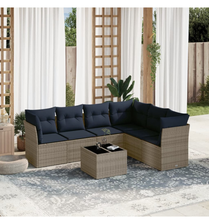 Salon de jardin 7 pcs avec coussins gris résine tressée | Mobilier & Déco