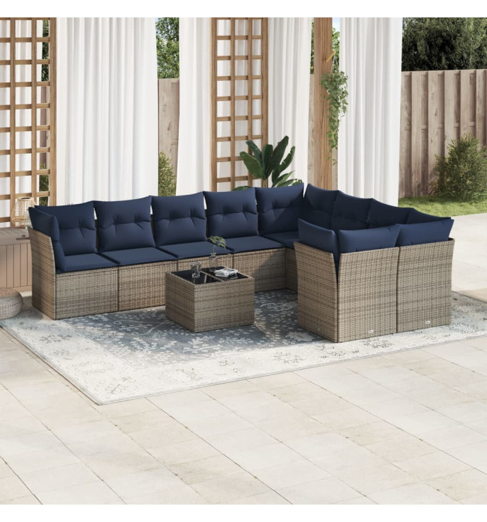 Salon de jardin 10 pcs avec coussins gris résine tressée | Mobilier & Déco