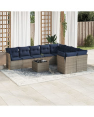 Salon de jardin 10 pcs avec coussins gris résine tressée | Mobilier & Déco