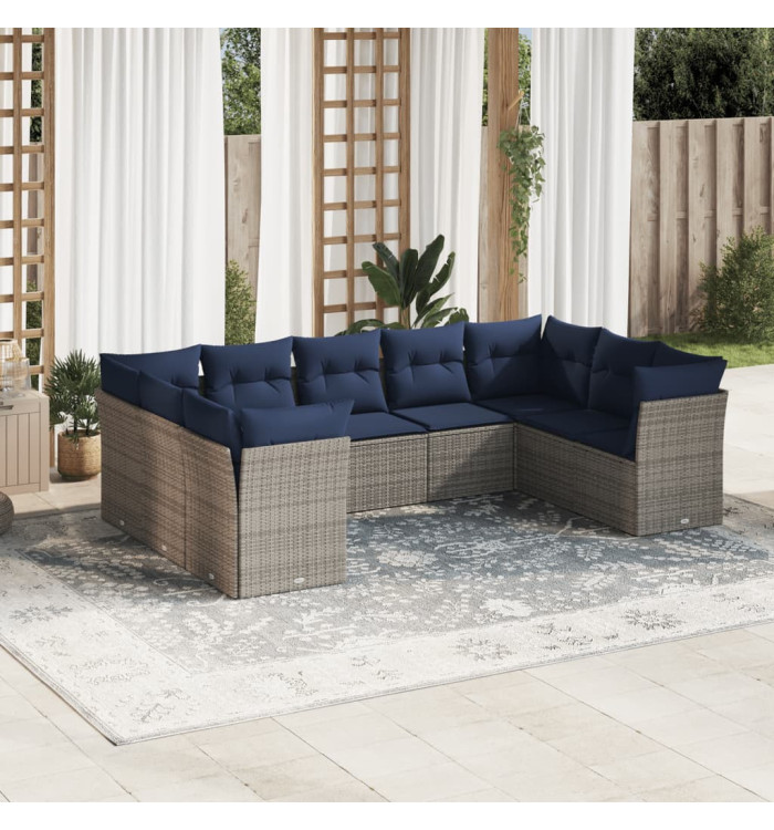 Salon de jardin 9 pcs avec coussins gris résine tressée | Mobilier & Déco