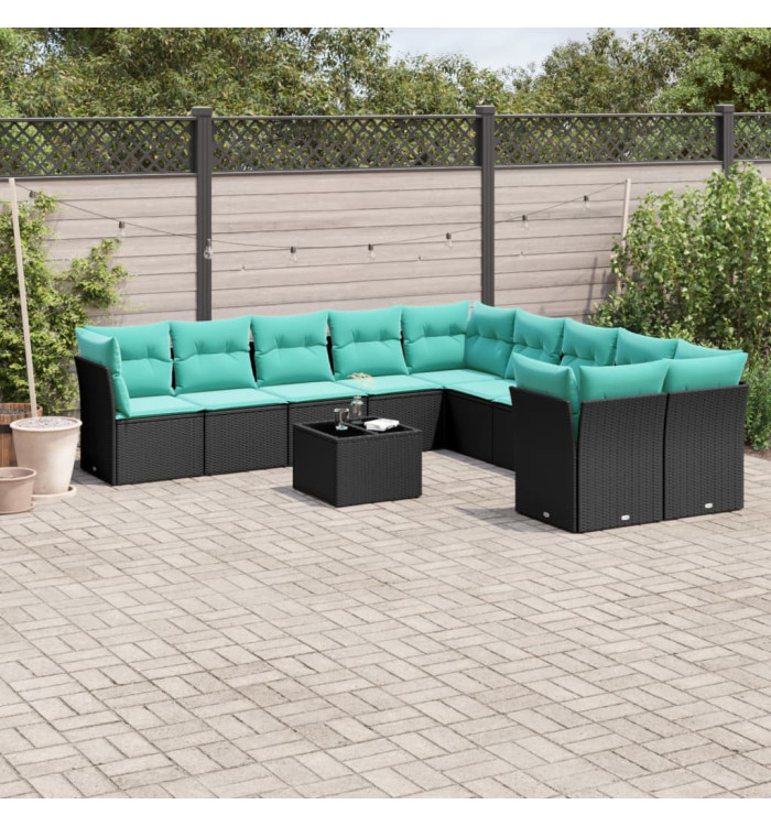 Salon de jardin 11 pcs avec coussins noir résine tressée | Mobilier & Déco
