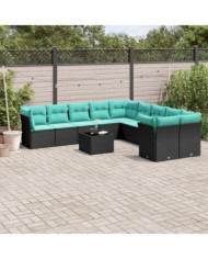 Salon de jardin 11 pcs avec coussins noir résine tressée | Mobilier & Déco