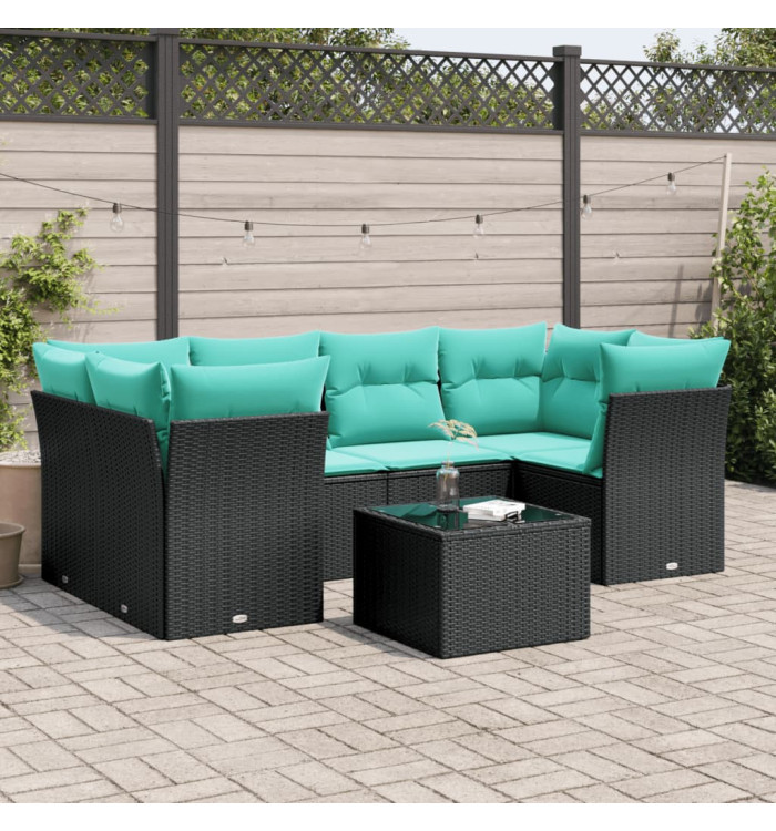 Salon de jardin 7 pcs avec coussins noir résine tressée | Mobilier & Déco