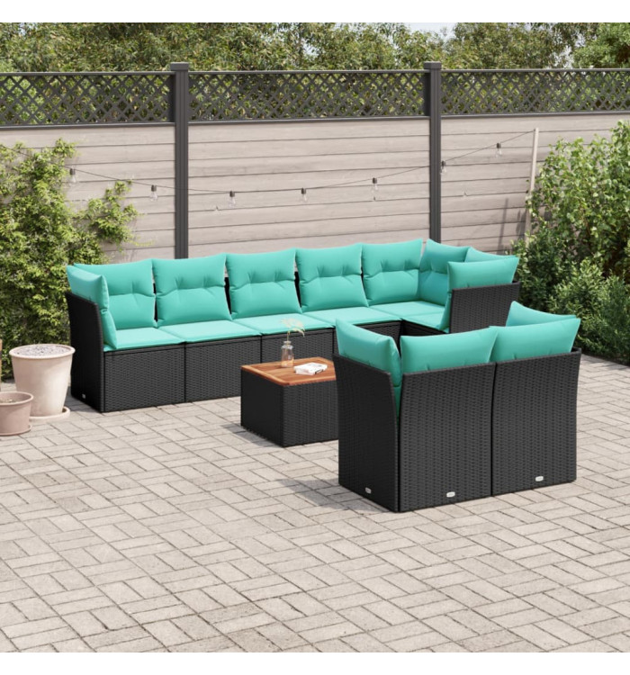 Salon de jardin 9 pcs avec coussins noir résine tressée | Mobilier & Déco