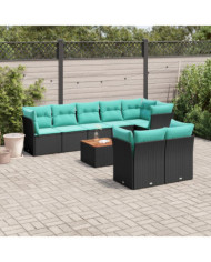 Salon de jardin 9 pcs avec coussins noir résine tressée | Mobilier & Déco