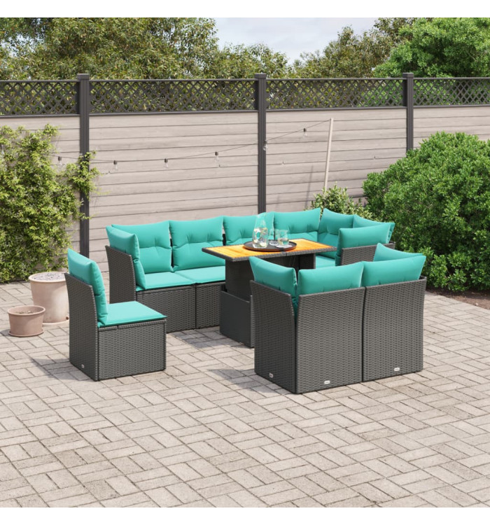 Salon de jardin 9 pcs avec coussins noir résine tressée | Mobilier & Déco