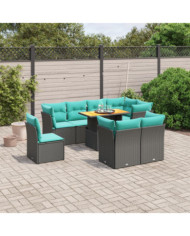 Salon de jardin 9 pcs avec coussins noir résine tressée | Mobilier & Déco